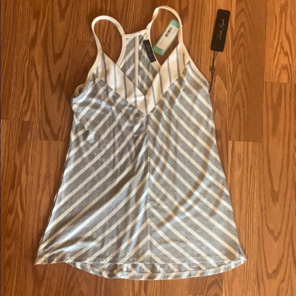 Racer back gray and white striped top.